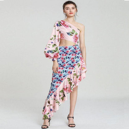 Summer Women Clothing Maxi Dress Asymmetric Tube Top Single Sleeve Waist Tight Floral Stitching Dress