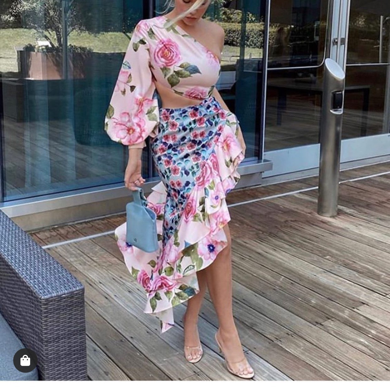 Summer Women Clothing Maxi Dress Asymmetric Tube Top Single Sleeve Waist Tight Floral Stitching Dress