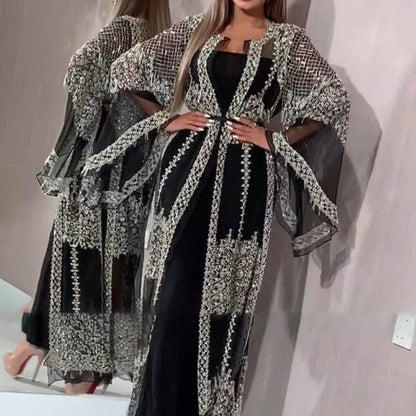 Women Clothing Independent Stand Bronzing Sexy Shawl Two Piece Cocktail Evening Dress