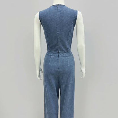 Women's Sleeveless Denim-Style Wide-Leg Jumpsuit