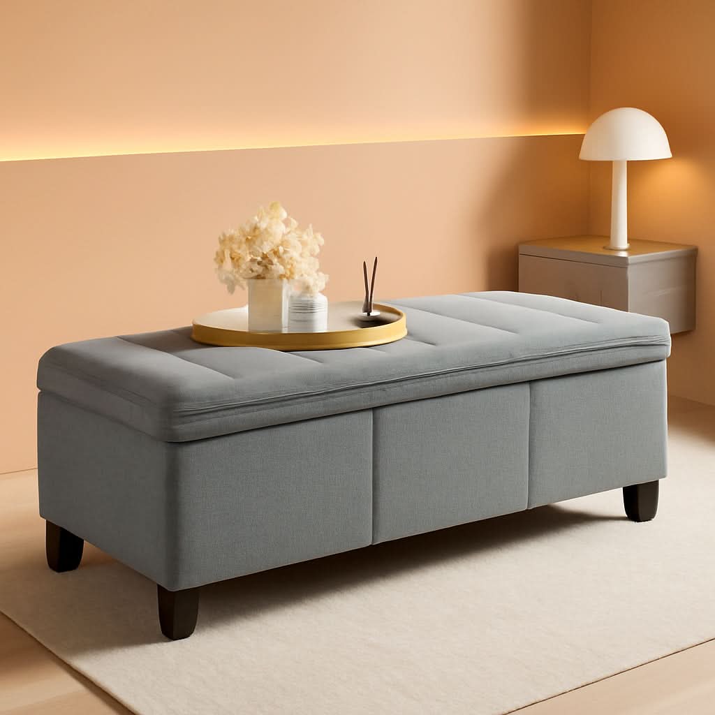 Forty Seven Inch Storage Ottoman Bench Linen Gray Fabric