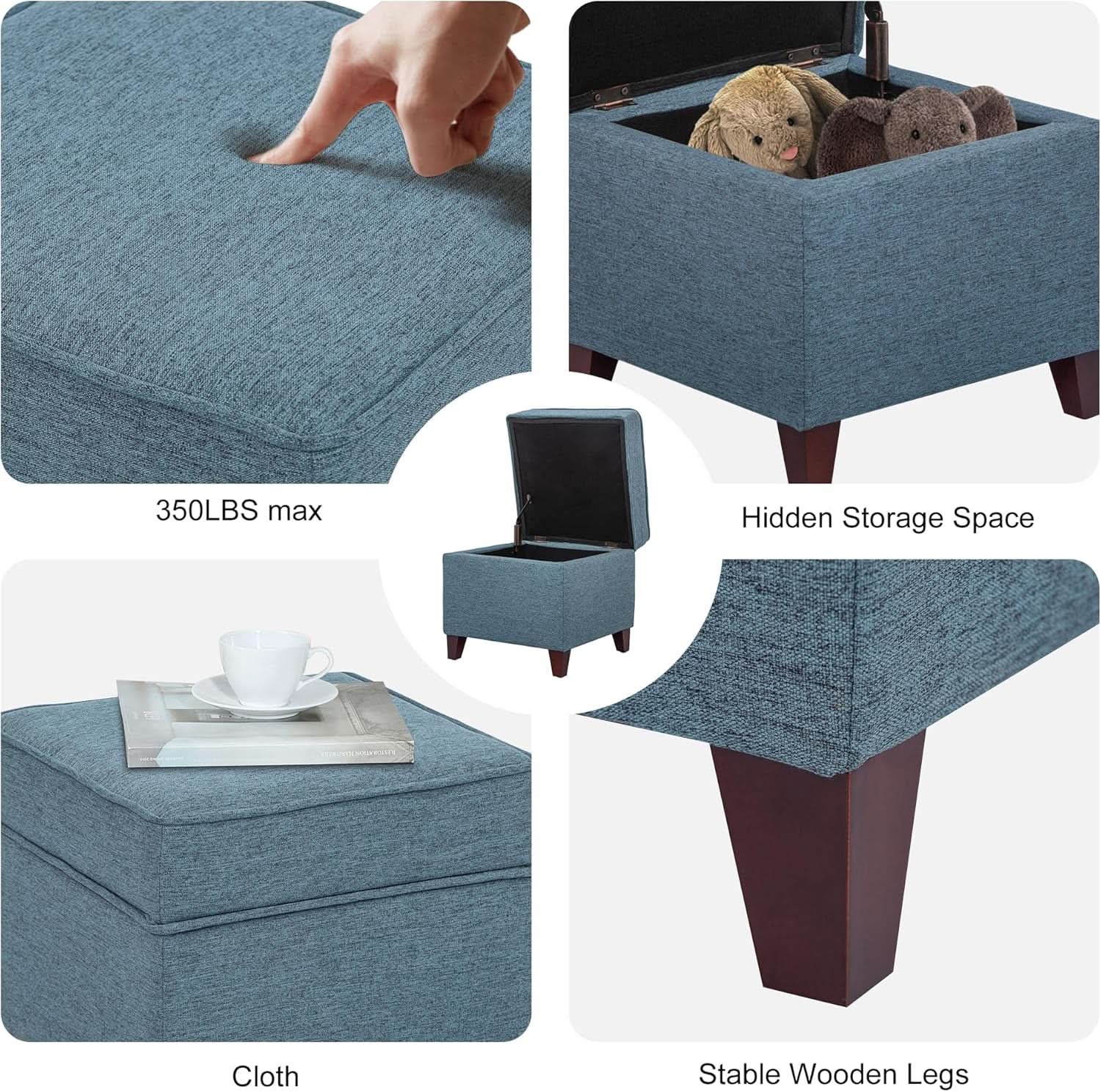 Seventeen Inch Electric Blue Storage Ottoman Hinged Lid