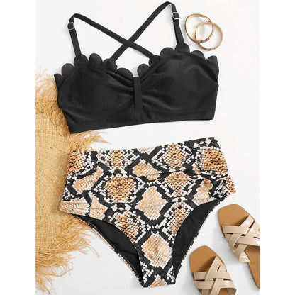 Plus Size Split Swimsuit Printed Cut Edge Contrast Color Women High Waist