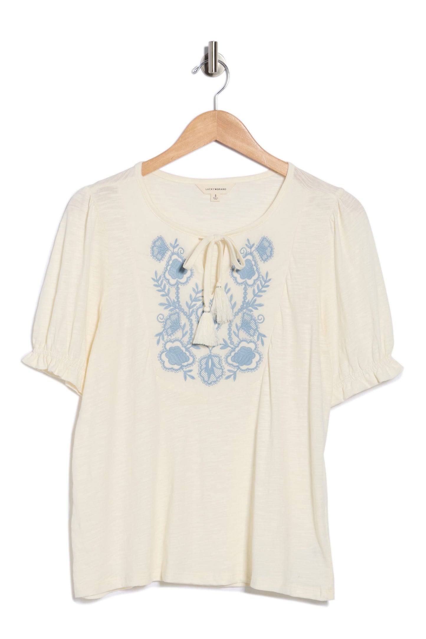[159619-GARDENIA] WOMENS LUCKY BRAND EMB TIE FRONT TOP - GARDENIA