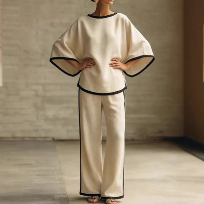 Loose Bat Sleeve Two-Piece Set – Round Neck Top & Wide Leg Pants