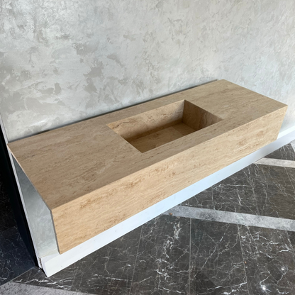 Travertine Beige Handcrafted Custom Bathroom Vanity Sink - Vein-Cut Natural Stone