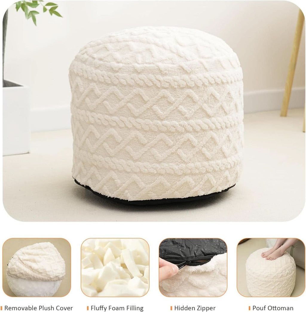 Beige Velvet Texture FauxFur Memory Foam Round Ottoman
