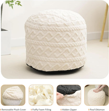 Beige Velvet Texture FauxFur Memory Foam Round Ottoman