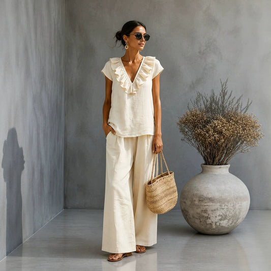 Women's V-Neck Ruffled Hem Top & Wide-Leg Pants Two-Piece Set