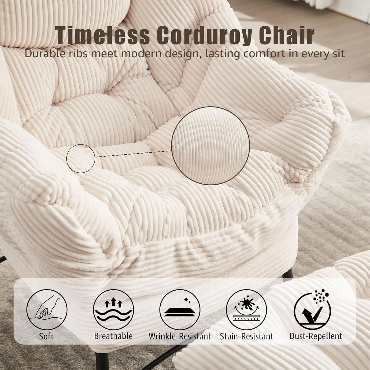 Oversized White Corduroy Reading Chair With Ottoman