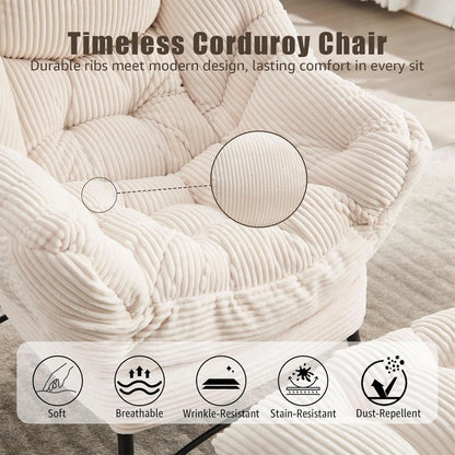 Large Corduroy White Armchair With Ottoman Footrest