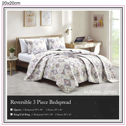 Reversible 3-Piece Geometric Aztec Quilted Bedspread Set with Pillow Shams