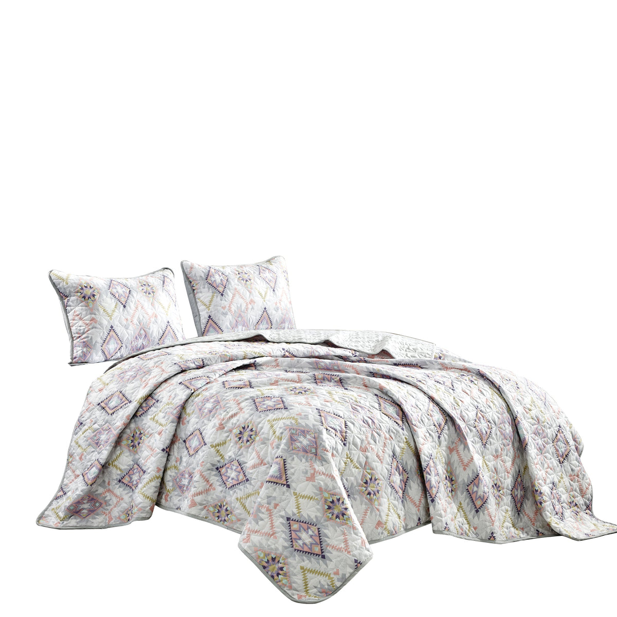 Reversible 3-Piece Geometric Aztec Quilted Bedspread Set with Pillow Shams