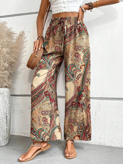 Women's Paisley Print Wide-Leg Pants – Boho Smocked Elastic Waist Tie-Up Flowy Trousers