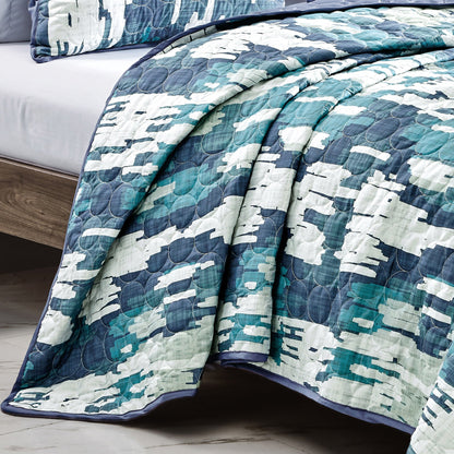 Reversible 3-Piece Abstract Watercolor Bedspread Set - Quilted Coverlet with Pillow Shams