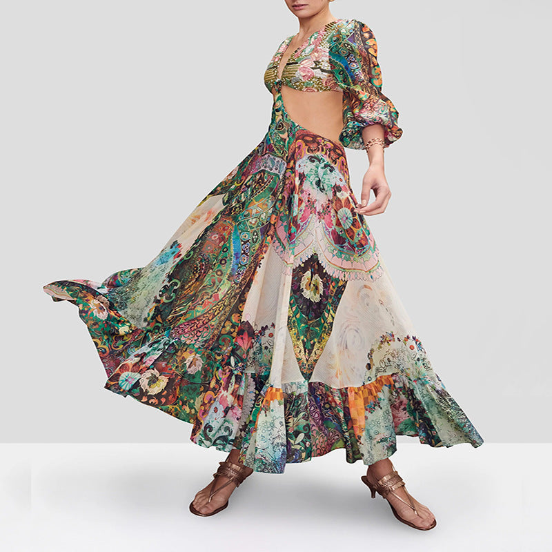 Maxi Dress Slimming Tall Women Printed Chest Front Garden Buckle Printing Dress