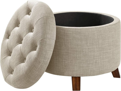 Beige Linen Round Storage Ottoman Featuring Tufting