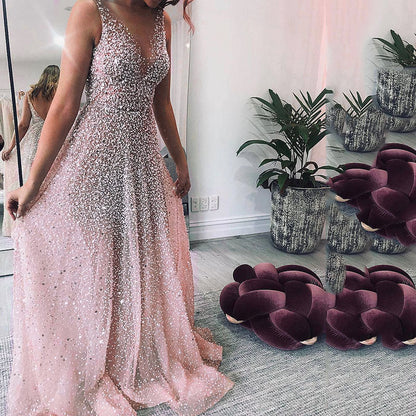 Spring Summer Women Clothing Gold V neck Dress Sling Gradient Mop Dress