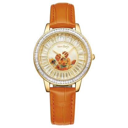 Van Gogh Women's Quartz Watch 3D Printed Oil Painting Dial Full Zirconium Leather Strap Series