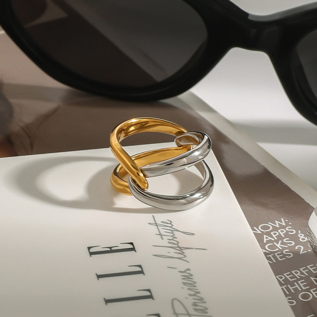 18K gold double-ring cross design simple and elegant ring