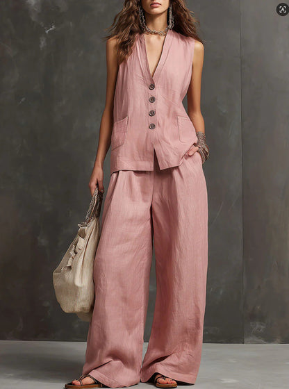 Women's Linen Sleeveless Vest & Wide-Leg Pants Two-Piece Set