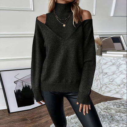 Women’s Elegant Off-Shoulder Turtleneck Sweater — Long Sleeve Knit Top