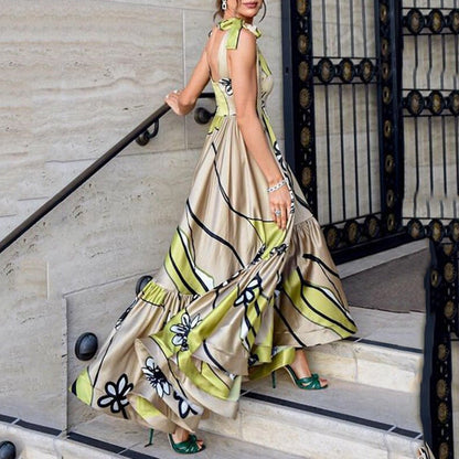 Spring Summer New Print Backless Lace up Print Irregular Asymmetric Bohemian Women Dress