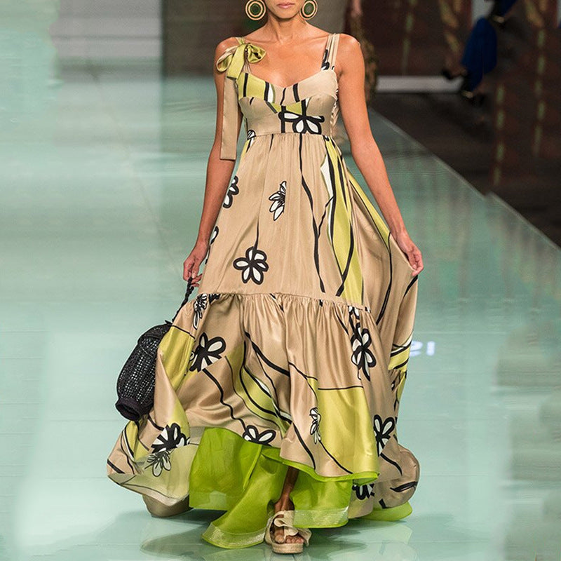 Spring Summer New Print Backless Lace up Print Irregular Asymmetric Bohemian Women Dress