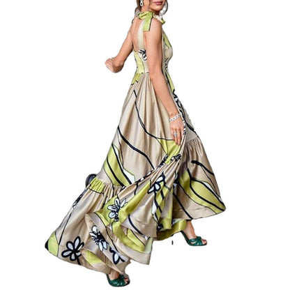 Spring Summer New Print Backless Lace up Print Irregular Asymmetric Bohemian Women Dress