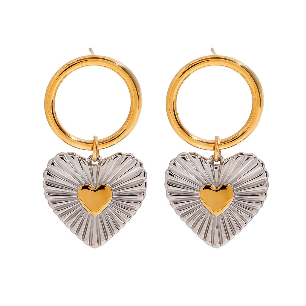 18k gold heart-shaped earrings with gold and silver color matching design, simple and personalized