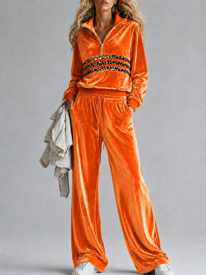 Women's Velvet Half-Zip Leopard Stripe Pullover & Wide-Leg Drawstring Trouser Tracksuit Set