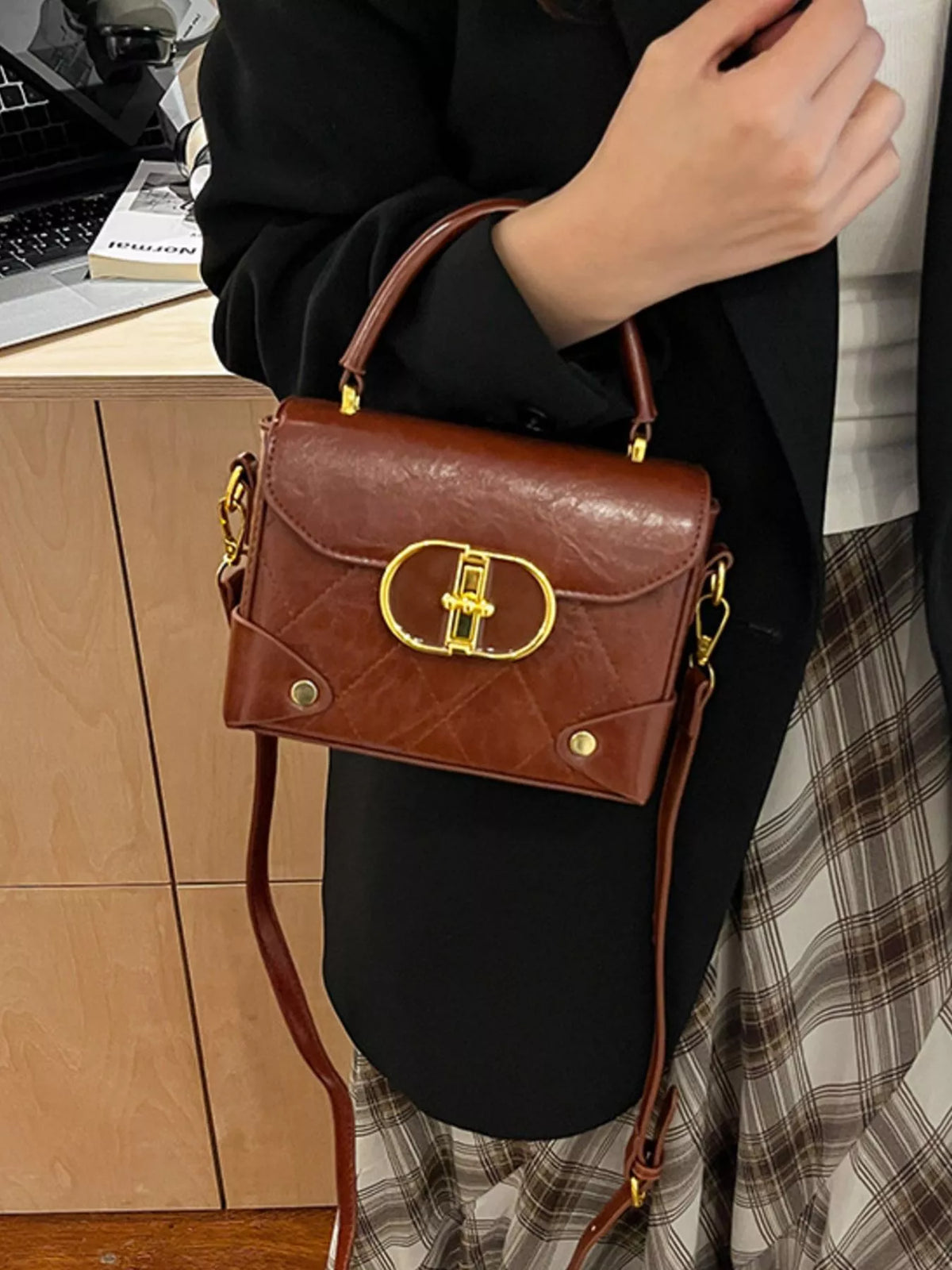 Quilted Pattern Top Handle Crossbody Bag