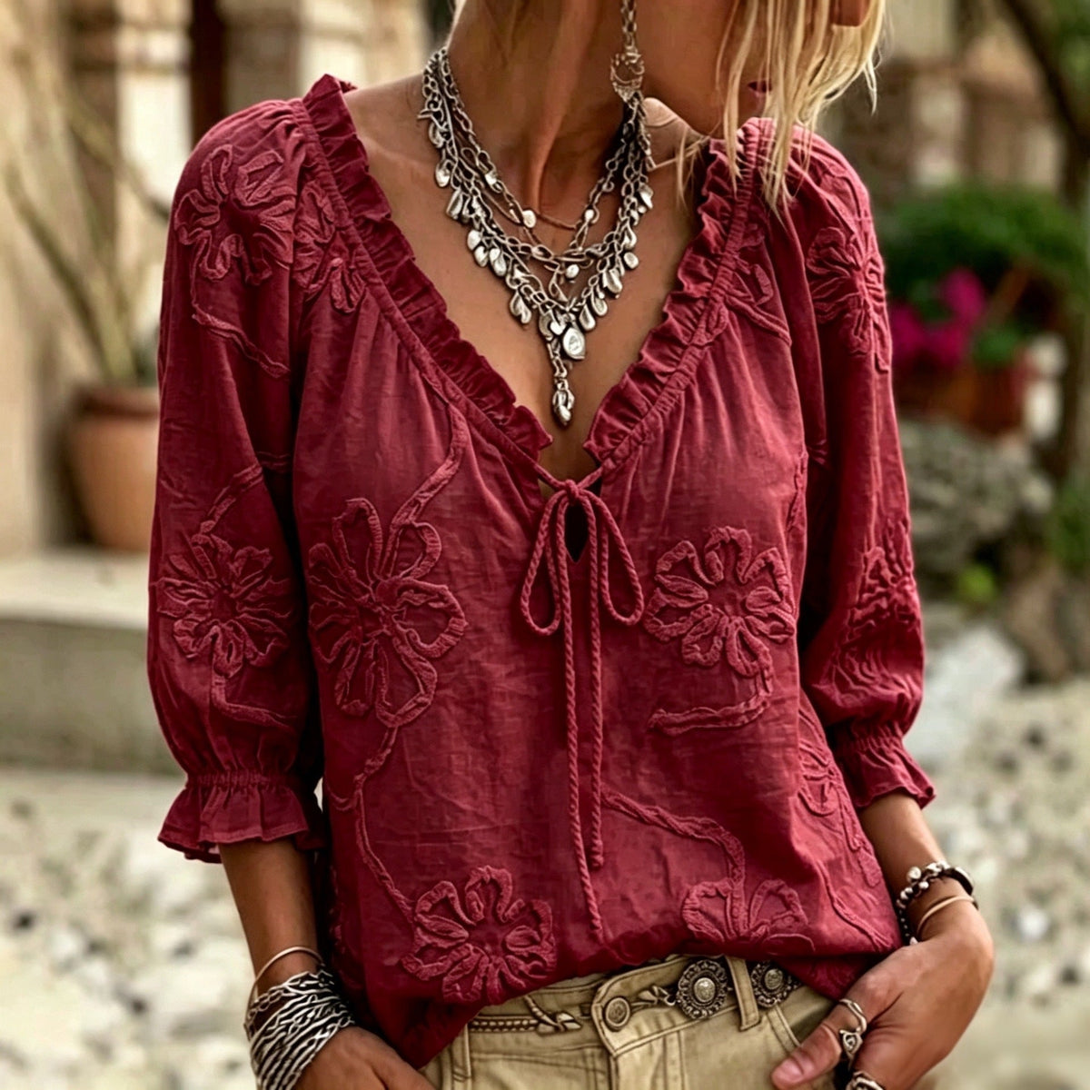 Jacquard Floral Ruffle Trim Lace-Up V-Neck Puff Sleeve Blouse