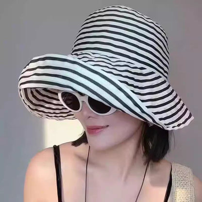Women's Wide-Brim Striped Sun Hat – UV Protection & Adjustable Fit