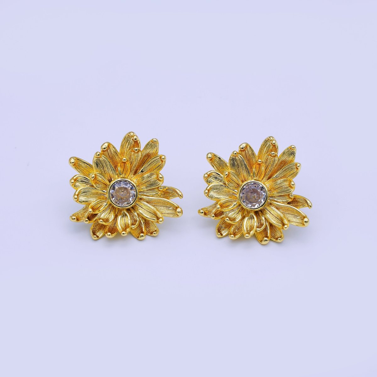 24K Gold Filled 27mm Clear Round CZ Flower Textured Stud Earrings | AI498