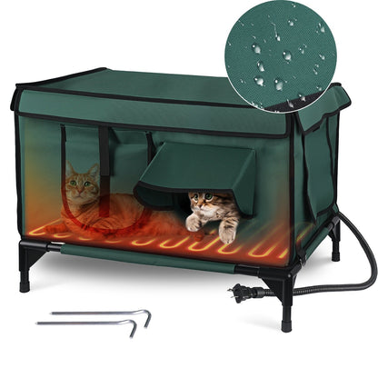 Waterproof Heated Cat House Outdoor Weatherproof Insulated Kitty Shelter Feral Cat Heating Bed with Heating Pad Anti-Chew Cord 2 Doors 3 Windows for I
