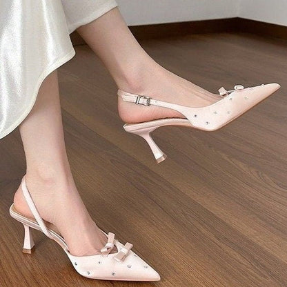 Women's Closed Toe Slingback Stiletto Heels – Bowknot & Rhinestone Sandals