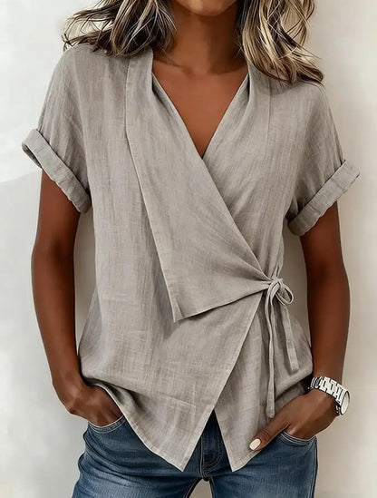 Women's Casual Lapel Collar Lace-Up Short-Sleeve Linen Top