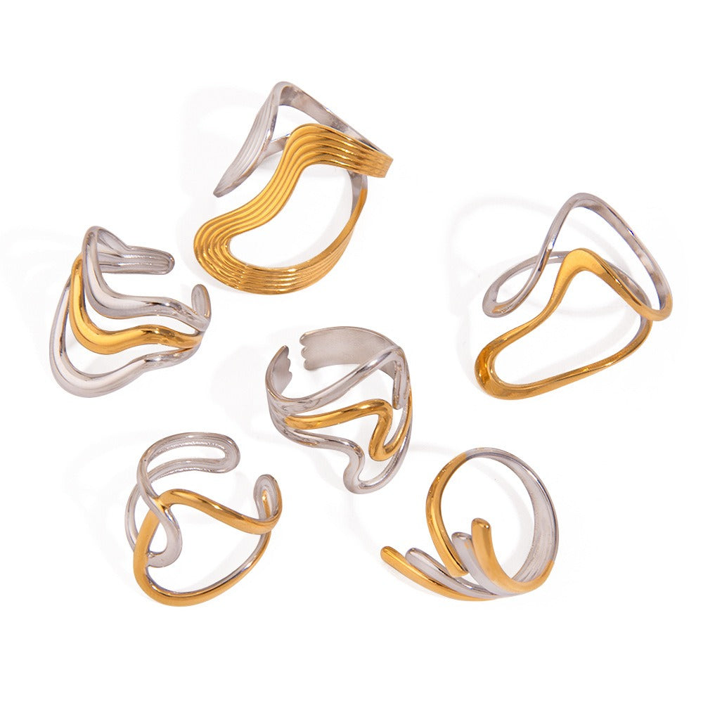 18K gold geometric lines with gold and silver color matching design simple and elegant ring