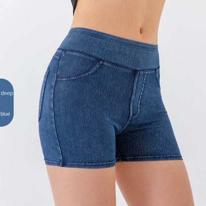 Denim-Look High-Waist Hip-Lifting Yoga Shorts – Slimming Tummy Control Fitness Shorts