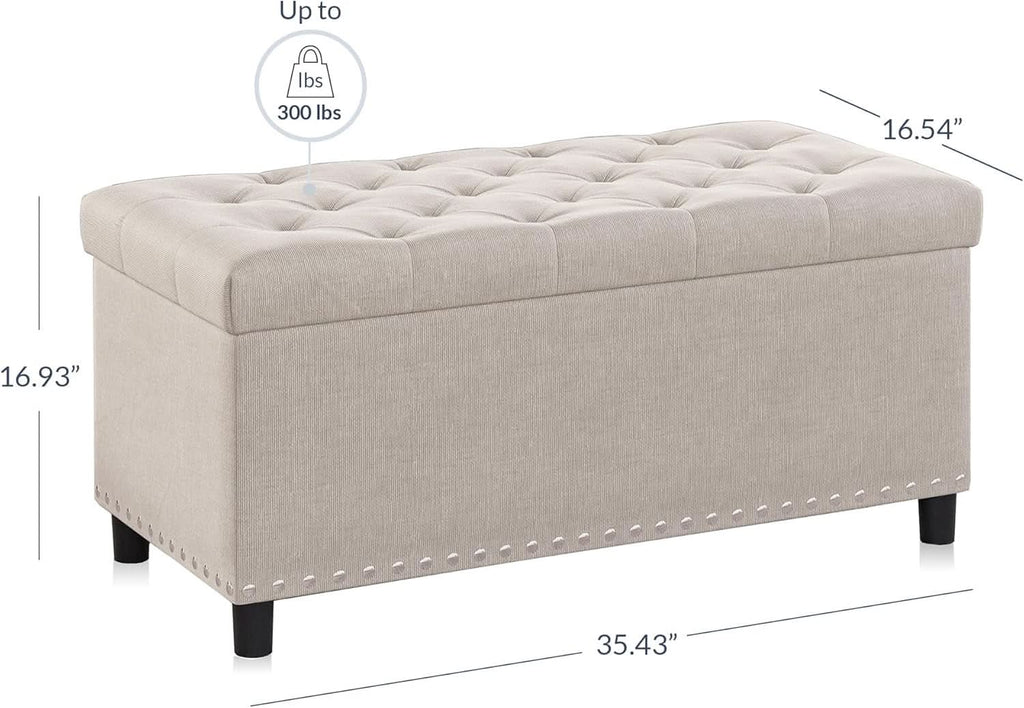 Rectangular Thirty Five Inch Beige Tufted Storage Ottoman Upholstered