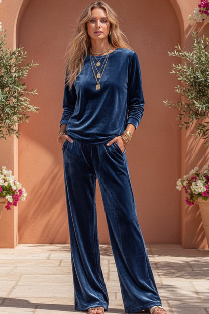 Women's Velvet Two-Piece Lounge Set – Round Neck Top & Wide-Leg Pants