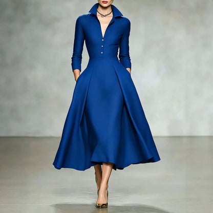 Deep V-Neck Shirt Collar Pleated A-Line Midi Dress with Pockets