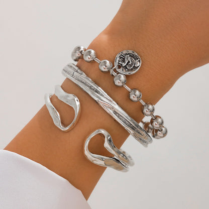 Double Ring Hollow Spring Open Bracelet Punk Style Round Bead Pendant Stacking Bracelet