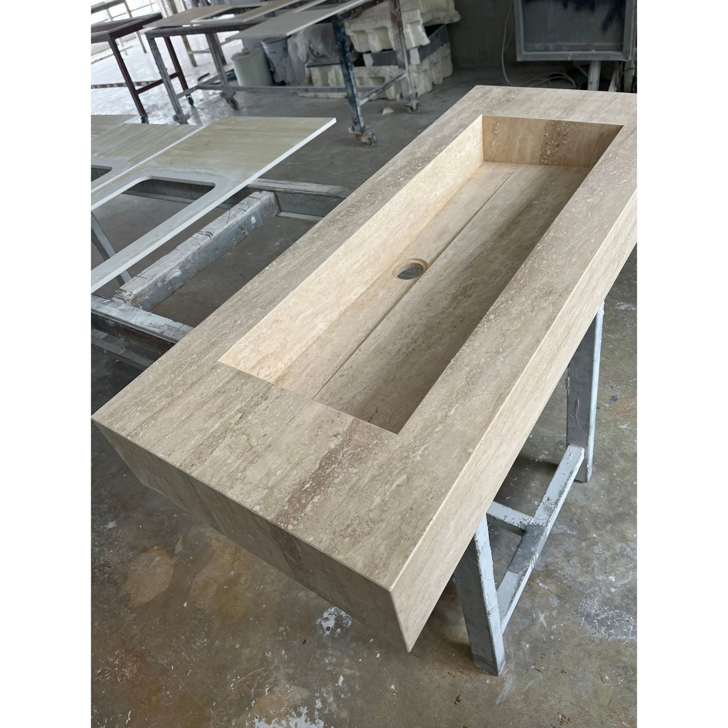 Handcrafted Custom Natural Beige Travertine Vein-Cut Trough Sink