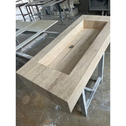 Handcrafted Custom Natural Beige Travertine Vein-Cut Trough Sink