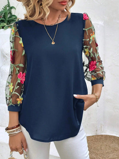 Women's Mesh Patchwork Three-Quarter Sleeve Top – Casual Chic