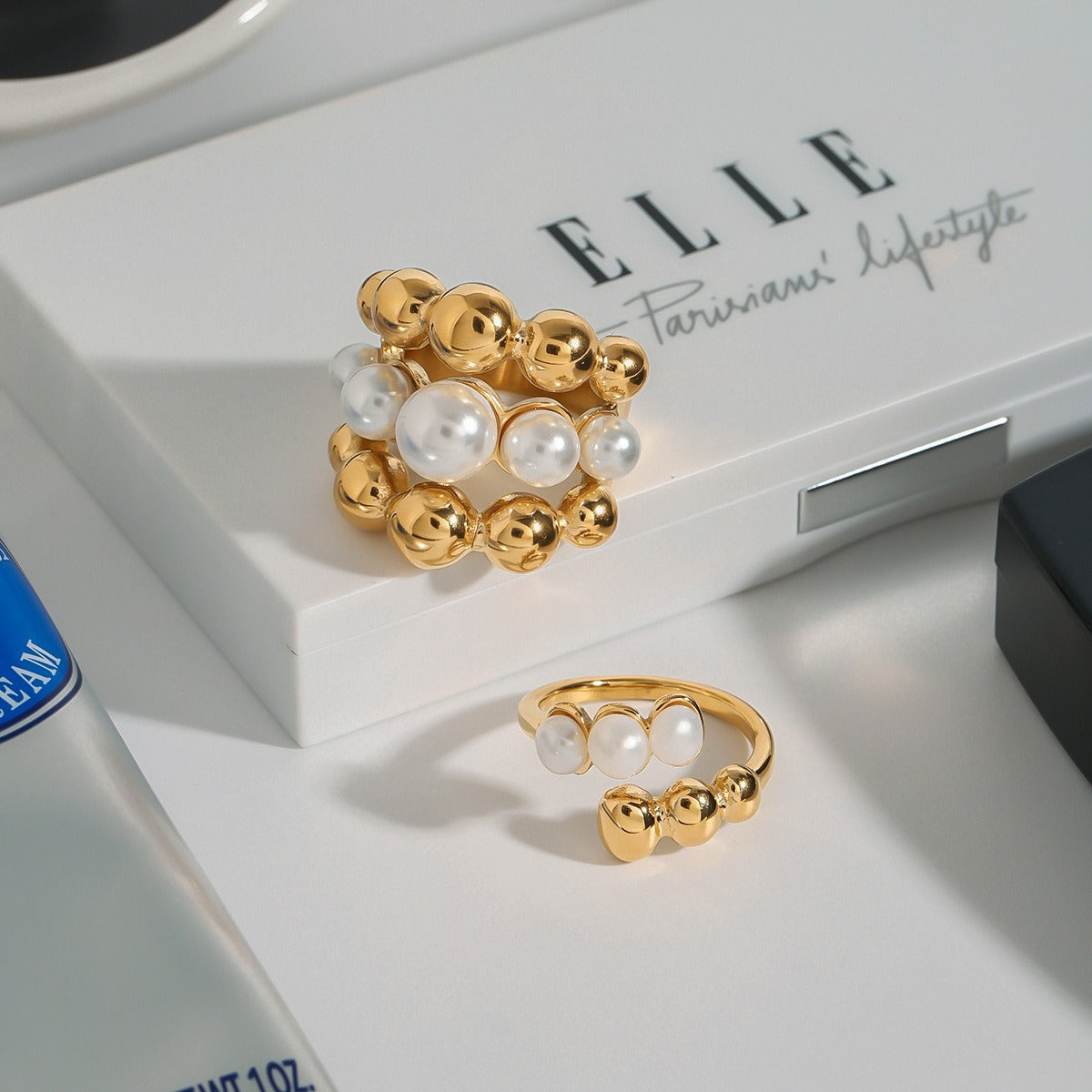 18K gold round bead-shaped pearl inlaid exquisite and noble ring