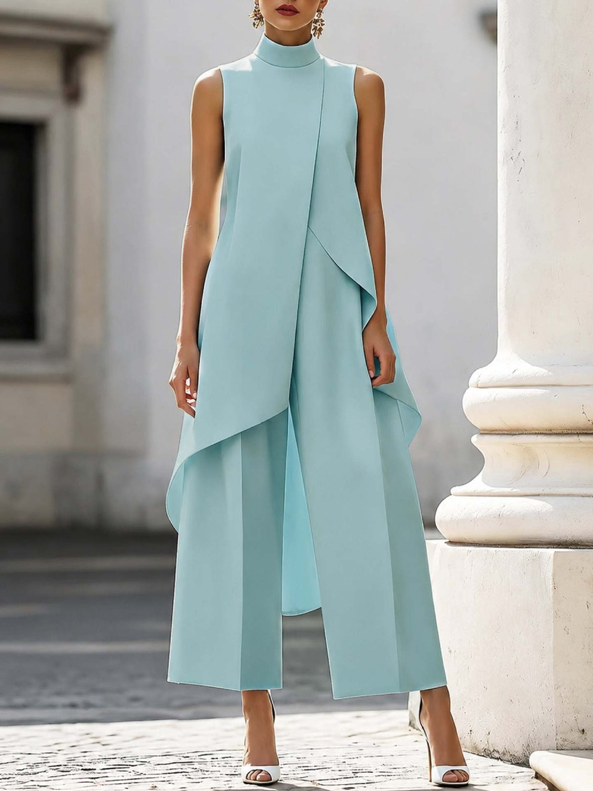 Women's Mock Turtleneck Sleeveless Asymmetric Cascade Drape Longline Top & Wide-Leg Cropped Trouser Set