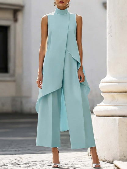 Women's Mock Turtleneck Sleeveless Asymmetric Cascade Drape Longline Top & Wide-Leg Cropped Trouser Set